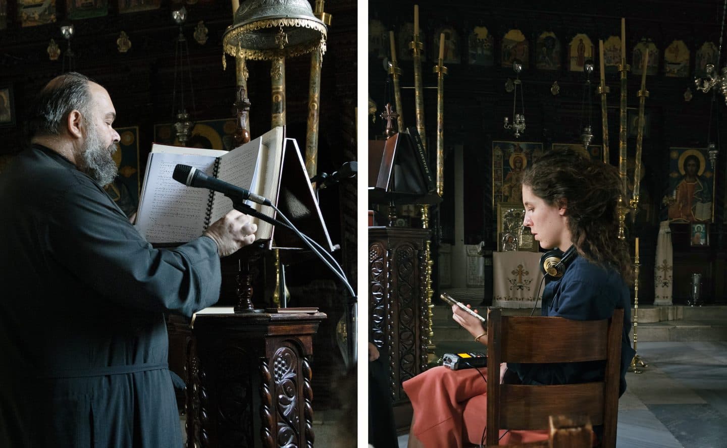 Angela Tisner recording Byzantine chants with Father Jorge at Mount Athos
